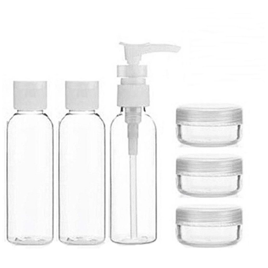 100 ML 6PC PIECE TRAVEL TOILETRY SET BATH CLEAR BOTTLE AIR PORT FLIGHT